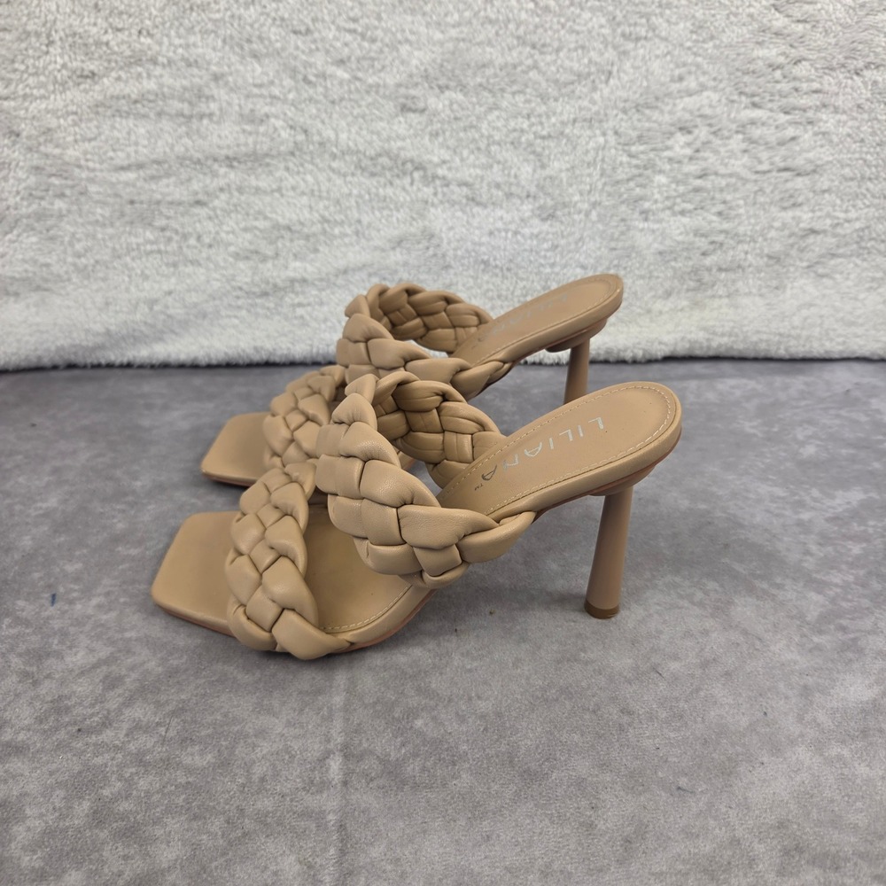 Womens Beige Braided Double Strap Square Toe Spool Heel Sandals Size 8